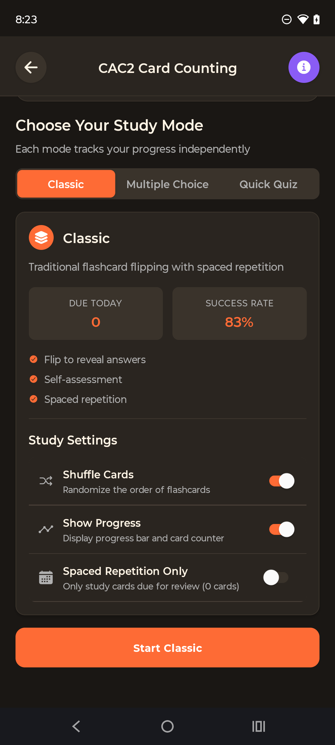 Study sessions interface