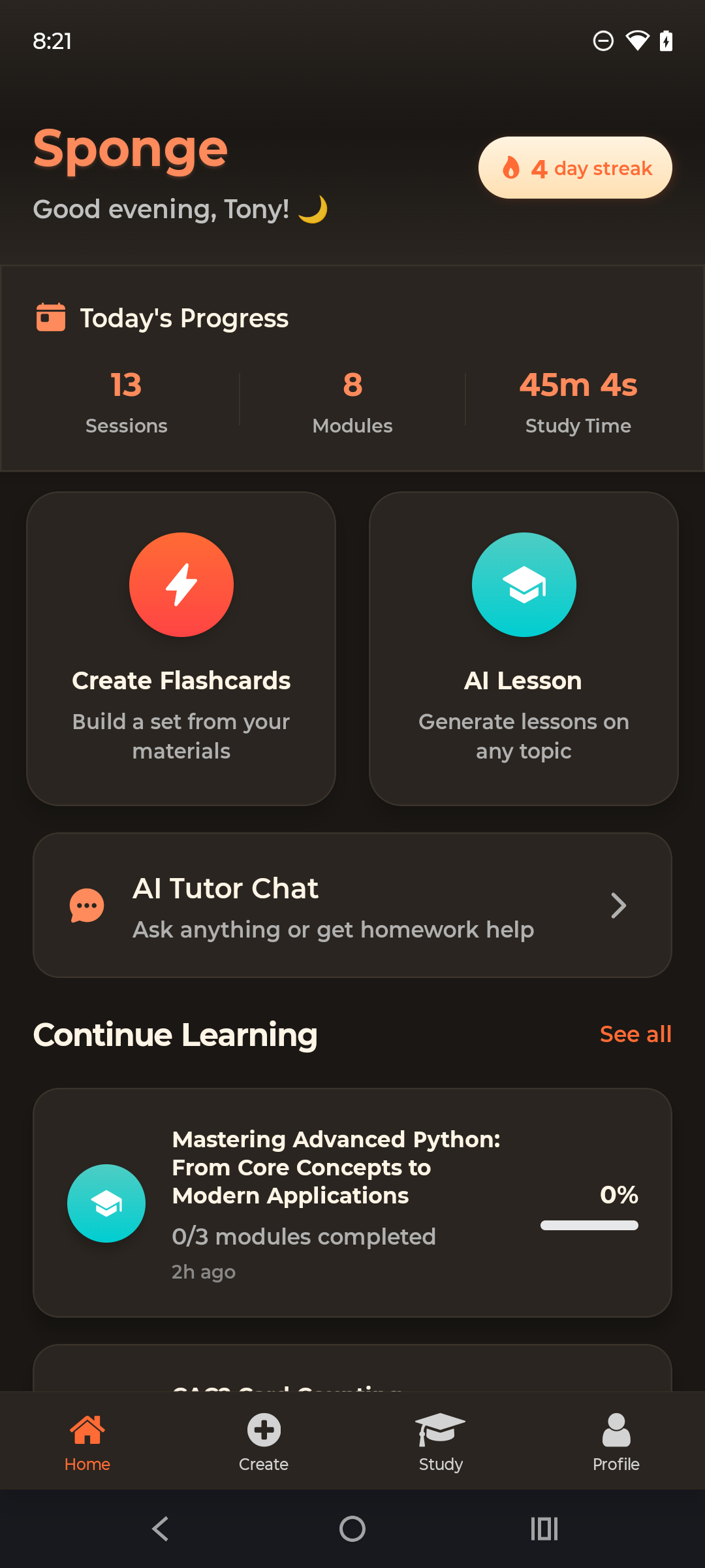 Sponge mobile app interface showing flashcard study session