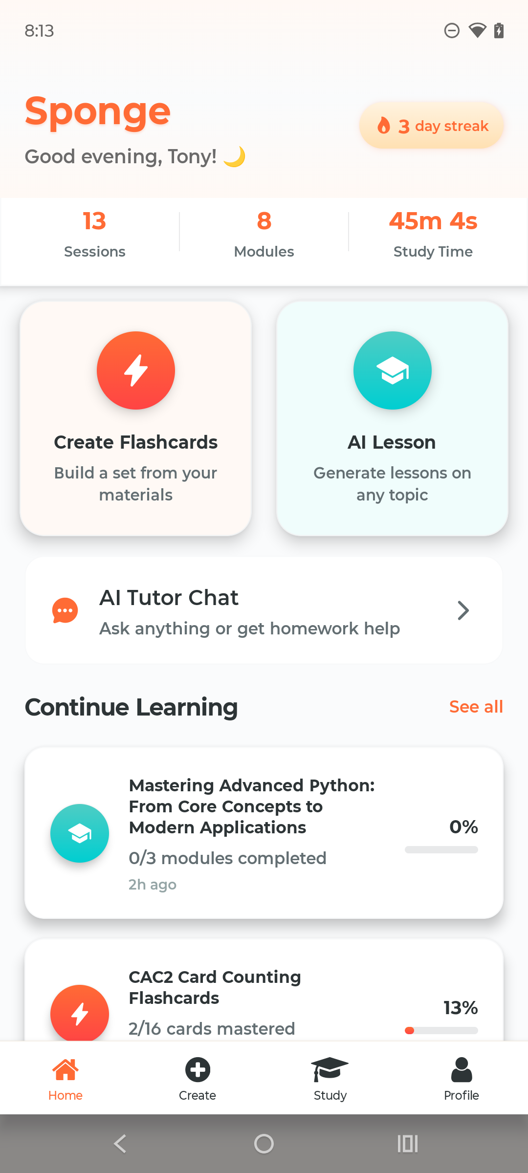 Sponge mobile app interface showing flashcard study session